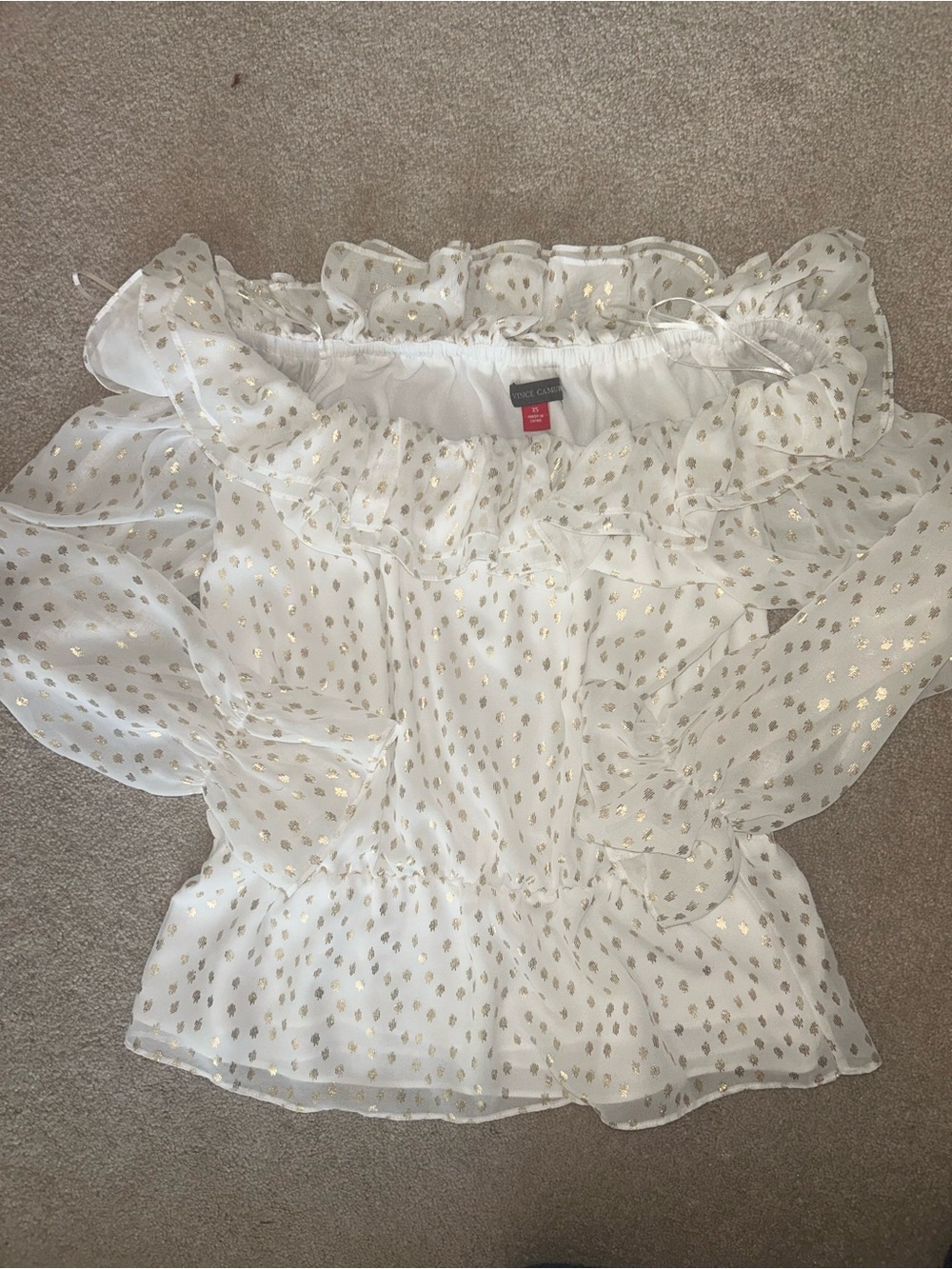 New Vince Camuto White Off-Shoulder Ruffle Blouse Gold Dot Print